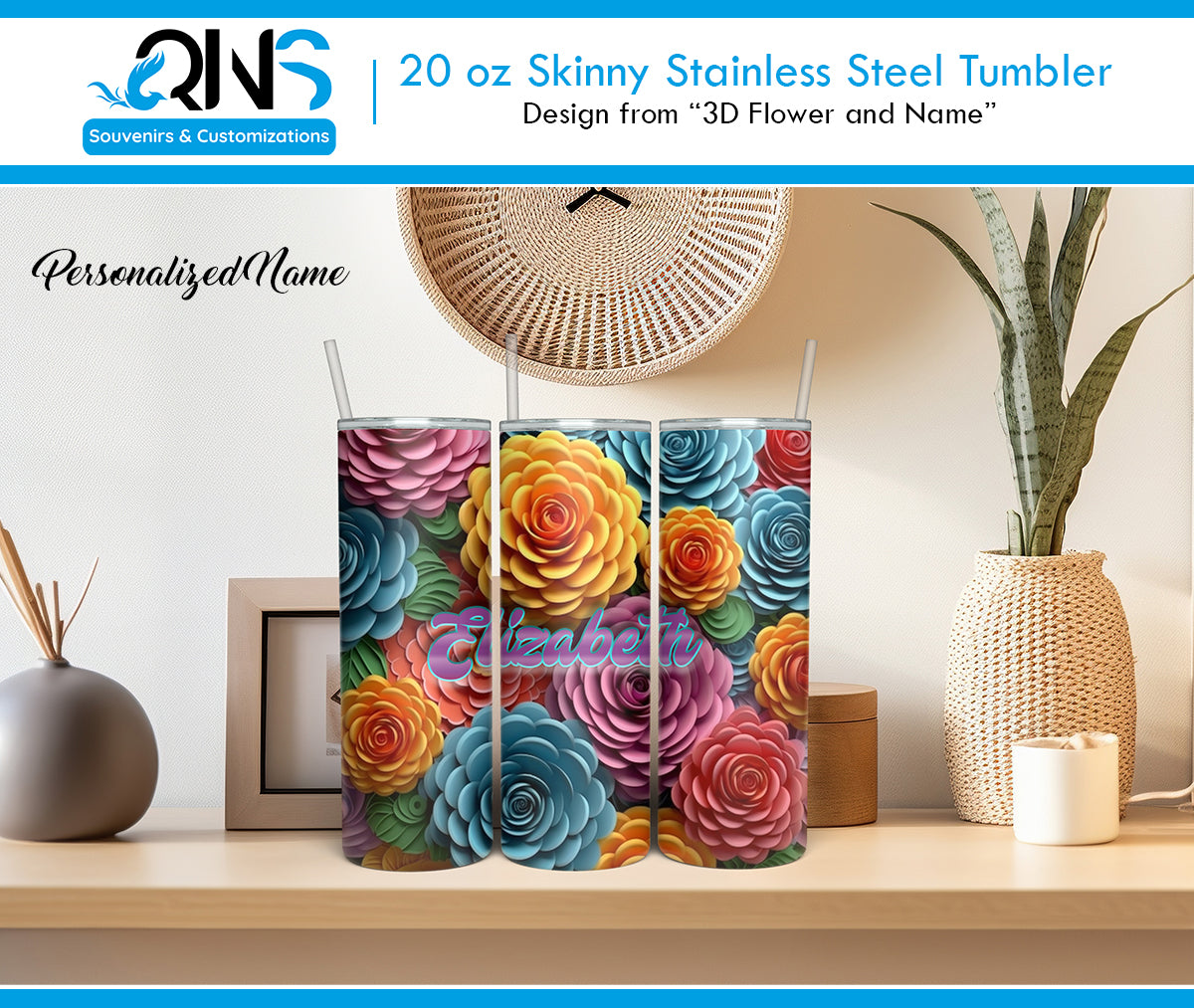 🌹🥤 "3D Roses" Tumbler – Personalized Elegance 💖