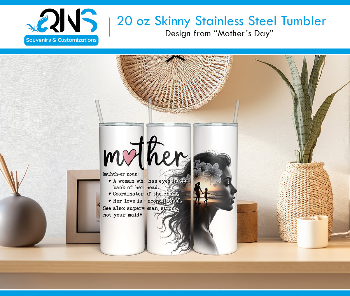 Tumblers with the "MOTHER WITH QUALITIES" design
