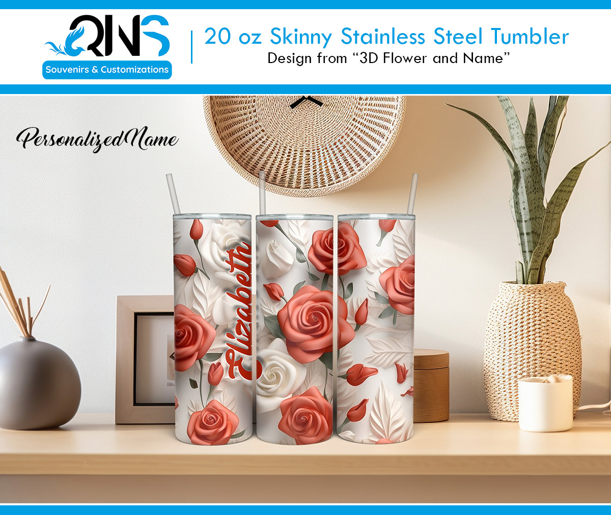 🌹🥤 "3D Roses" Tumbler – Personalized Elegance 💖