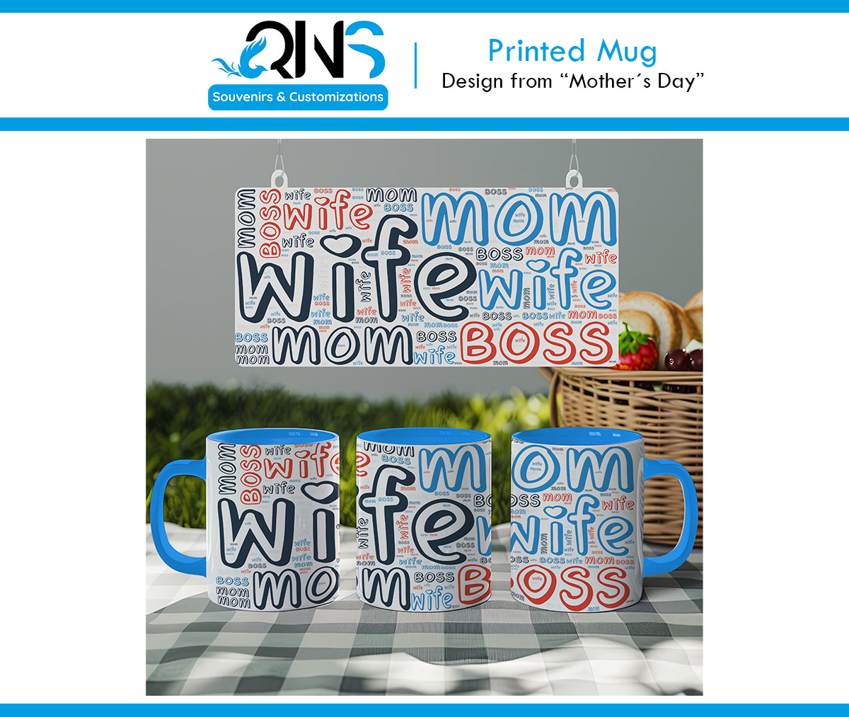 Mug with "MOM WIFE BOSS" design