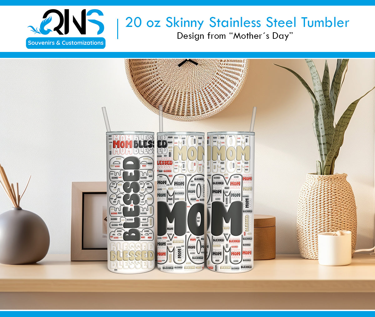 Tumblers with "BLESSED MOM" design