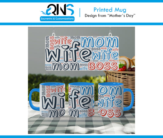 Mug with "MOM WIFE BOSS" design